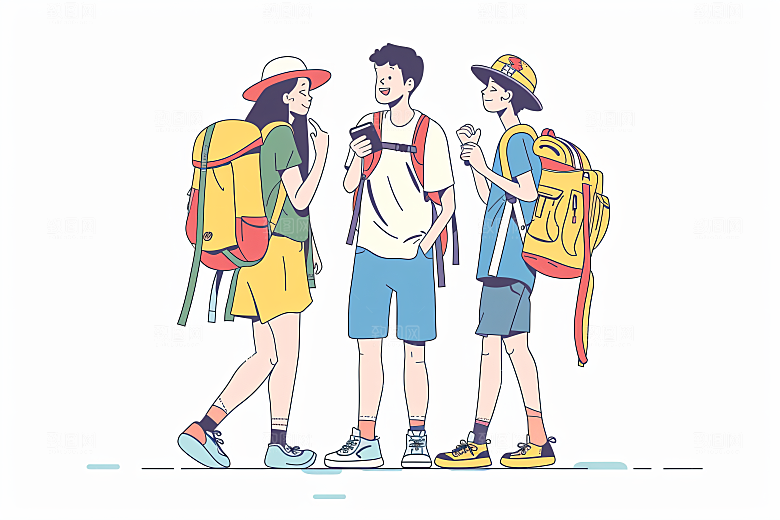 扁平风旅游手绘自由行插画