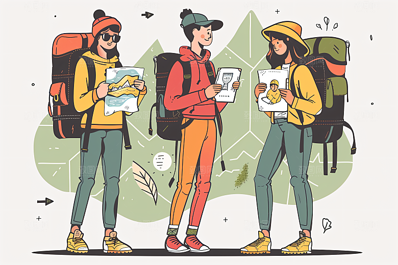 扁平风旅游徒步手绘插画
