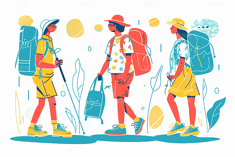 扁平风旅游自由行踏青插画