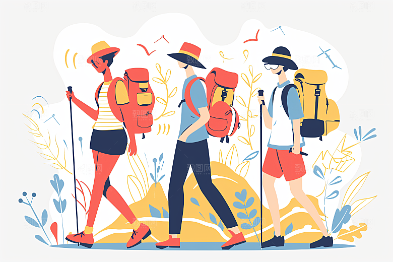 扁平风旅游踏青手绘插画