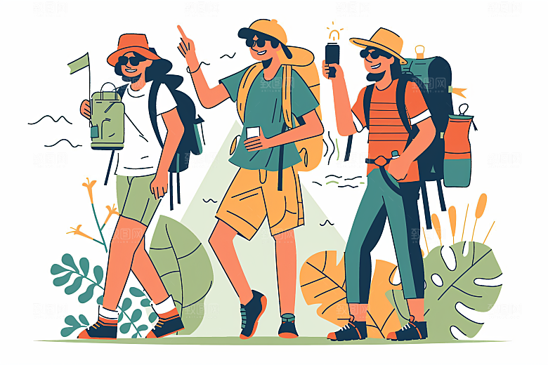 扁平风旅游山野徒步插画