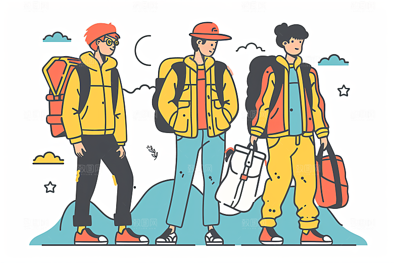 扁平风旅游露营自由行插画
