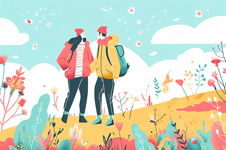 扁平风旅游露营山野插画