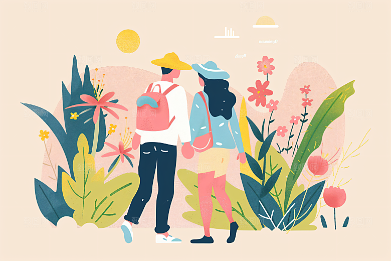 扁平风旅游手绘清新插画