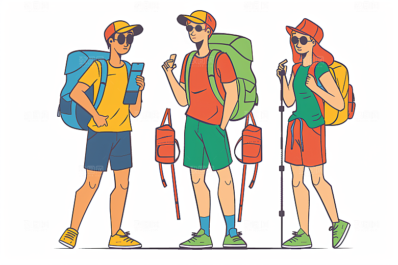 扁平风旅游徒步自然插画