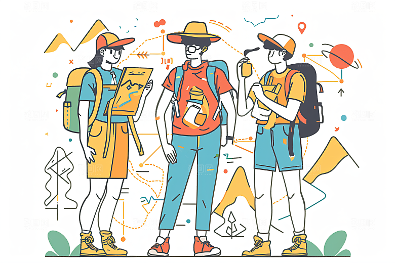 扁平风旅游露营手绘插画