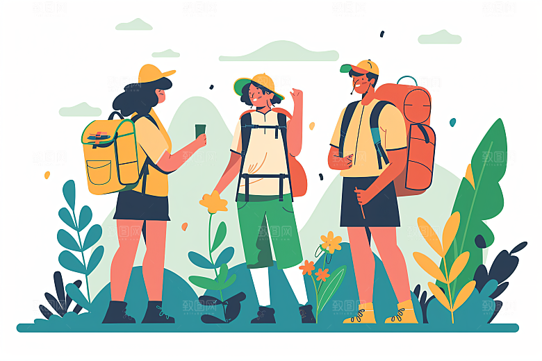 扁平风旅游山野清新插画