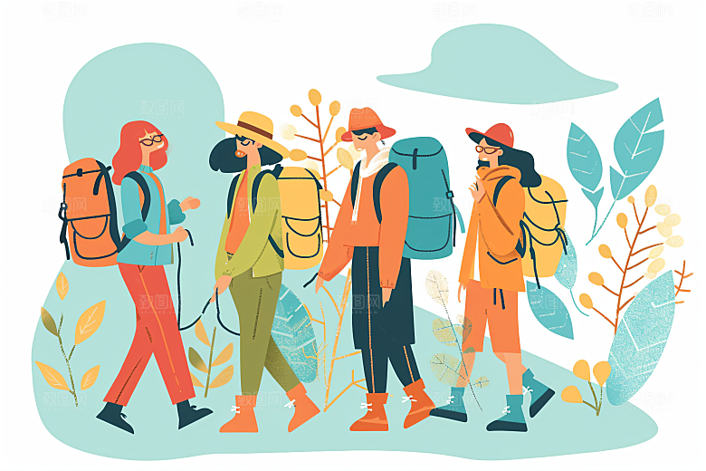 扁平风旅游踏青清新插画