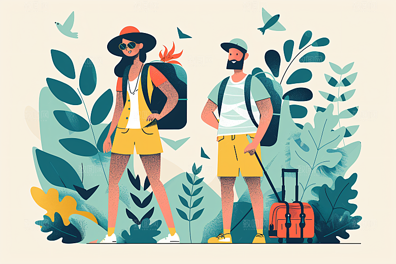 扁平风旅游彩色手绘插画