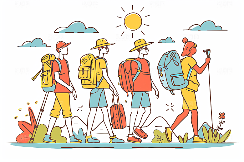 扁平风旅游露营手绘插画