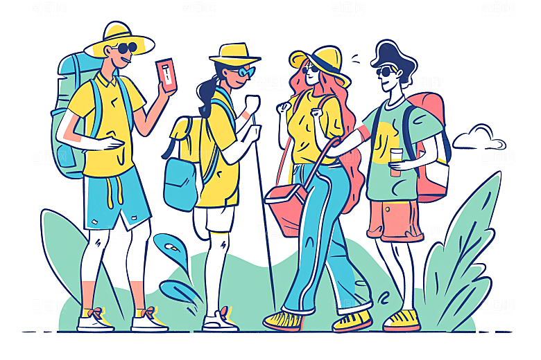 扁平风旅游手绘踏青插画