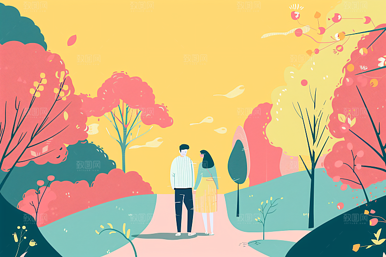 扁平风旅游徒步彩色插画