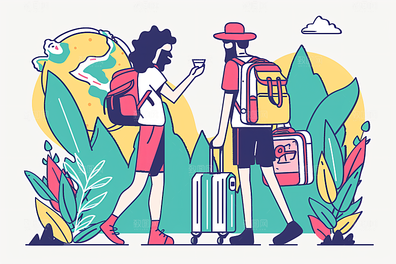 扁平风旅游徒步自由行插画
