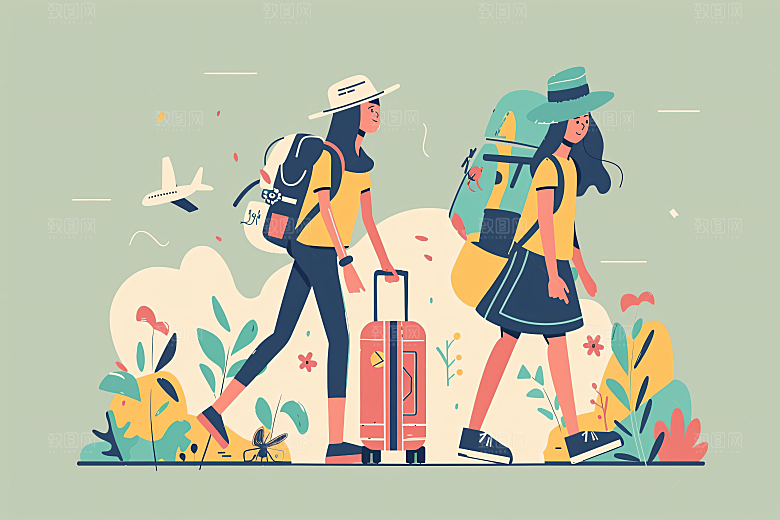 扁平风旅游旅行手绘插画
