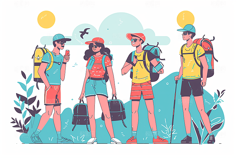 扁平风旅游氛围感休闲插画