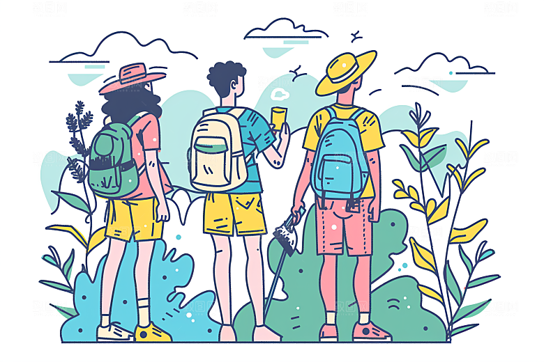 扁平风旅游氛围感徒步插画
