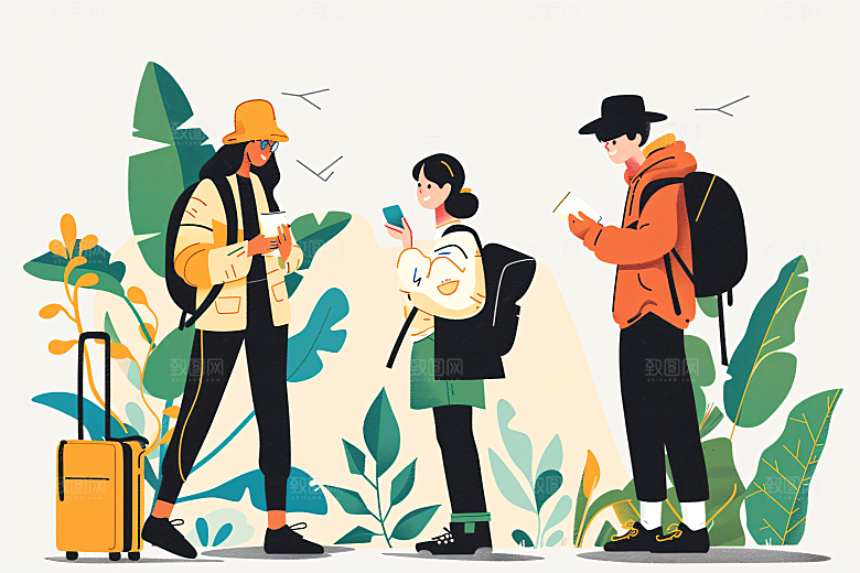 扁平风旅游踏青徒步插画