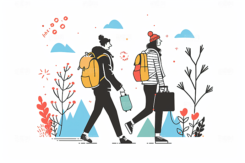扁平风旅游山野徒步插画