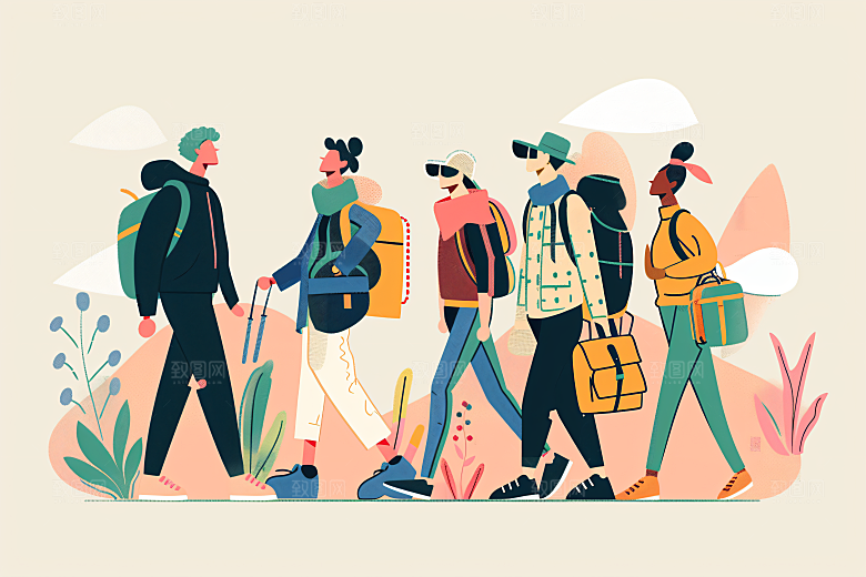 扁平风旅游山野徒步插画