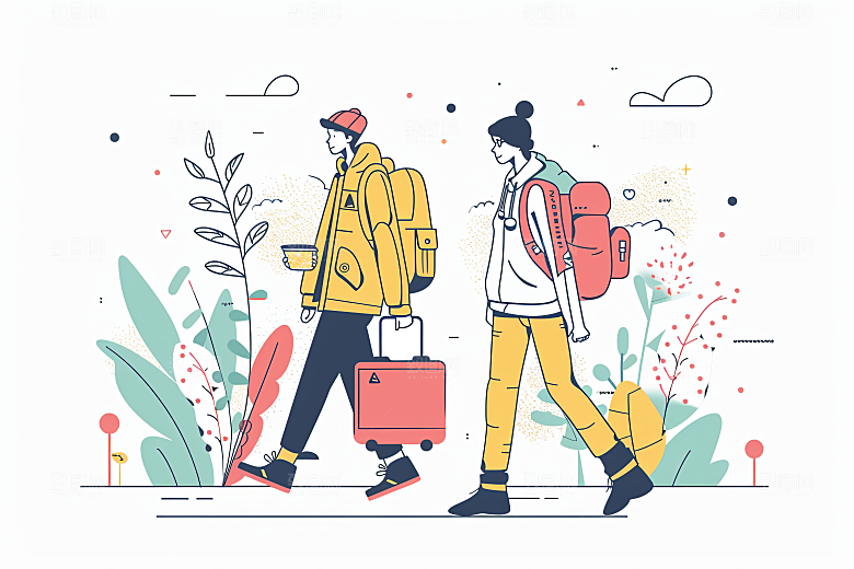 扁平风旅游自由行休闲插画