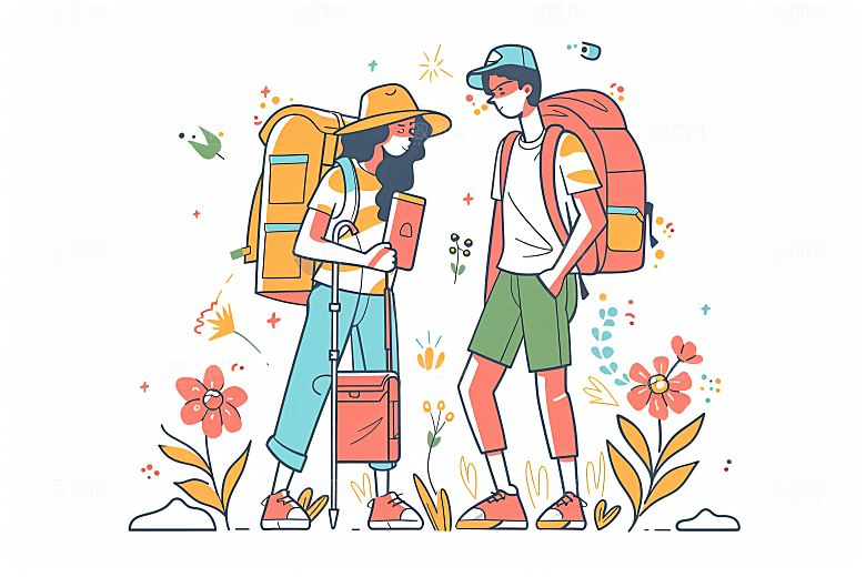 扁平风旅游彩色踏青插画
