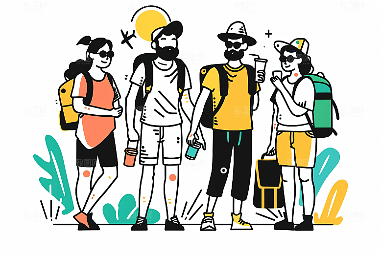 扁平风旅游休闲自由行插画