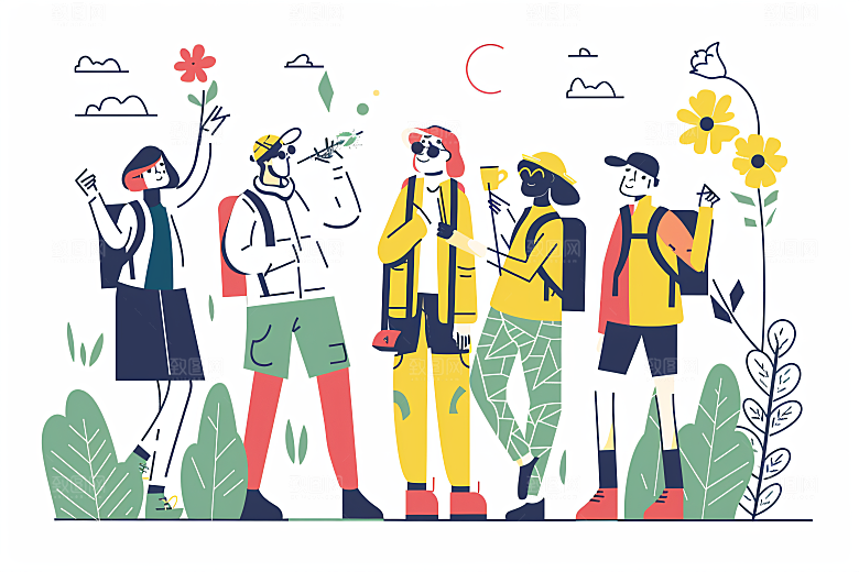 扁平风旅游清新山野插画