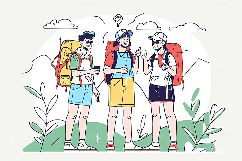 扁平风旅游自由行旅行插画