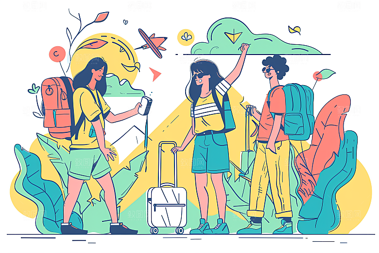 扁平风旅游氛围感清新插画