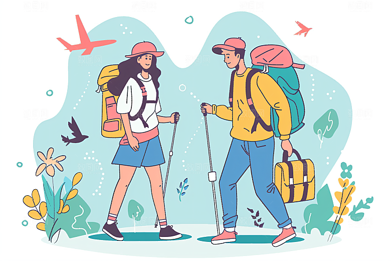 扁平风旅游户外手绘插画