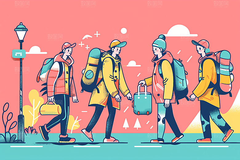 扁平风旅游户外氛围感插画