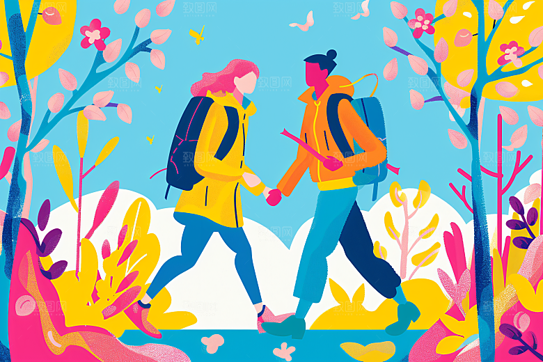 扁平风旅游徒步踏青插画