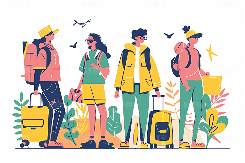 扁平风旅游休闲徒步插画