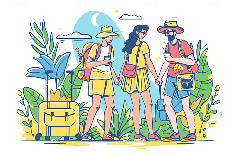 扁平风旅游清新自由行插画