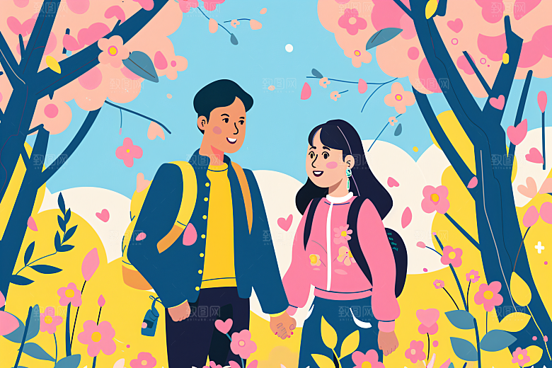 扁平风旅游自由行手绘插画