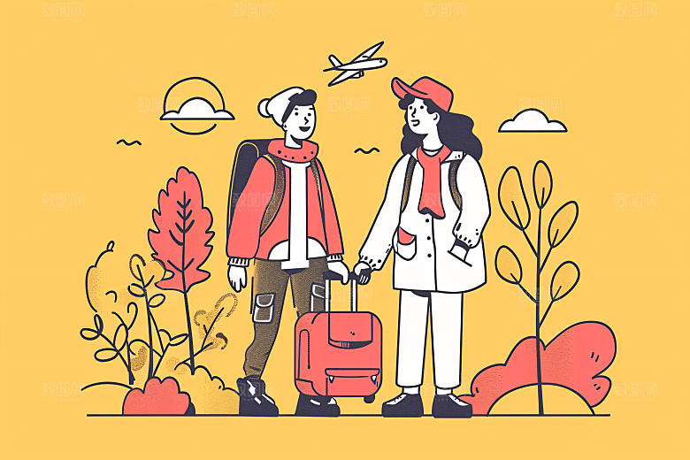 扁平风旅游徒步氛围感插画