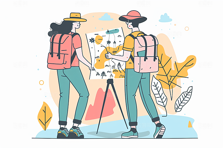 扁平风旅游手绘自由行插画