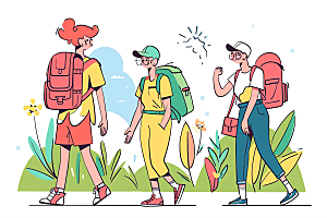 扁平风旅游徒步户外插画