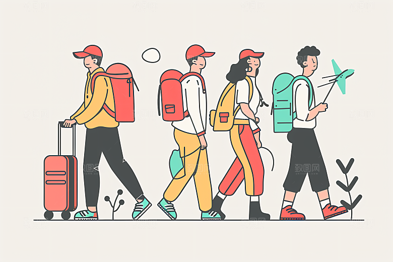扁平风旅游氛围感自由行插画