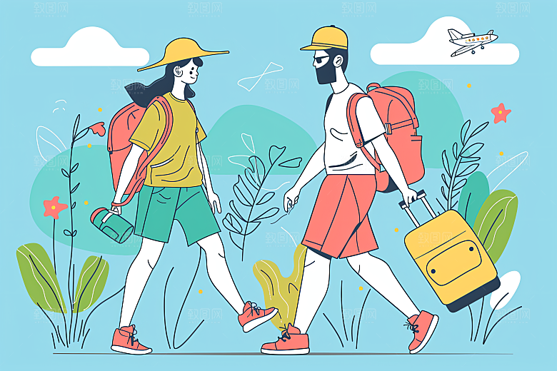 扁平风旅游氛围感彩色插画