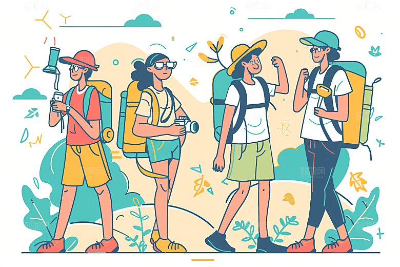 扁平风旅游彩色自由行插画