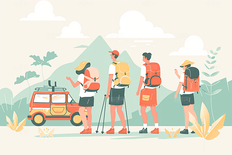 扁平风旅游自然徒步插画