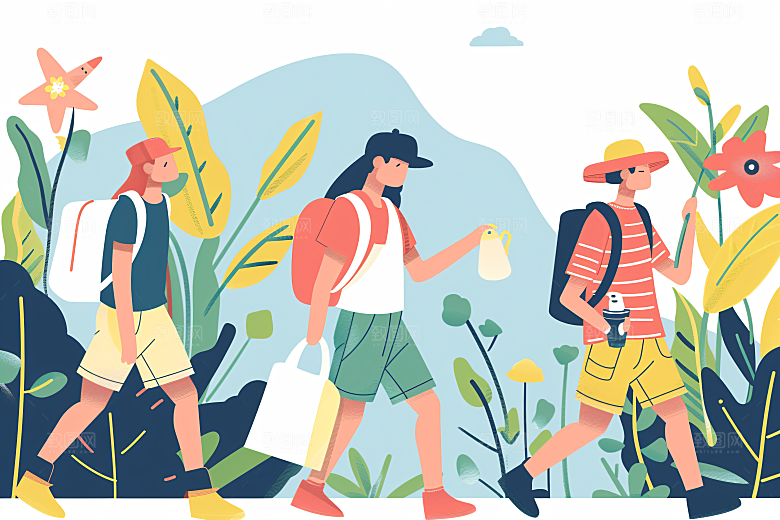 扁平风旅游清新旅行插画