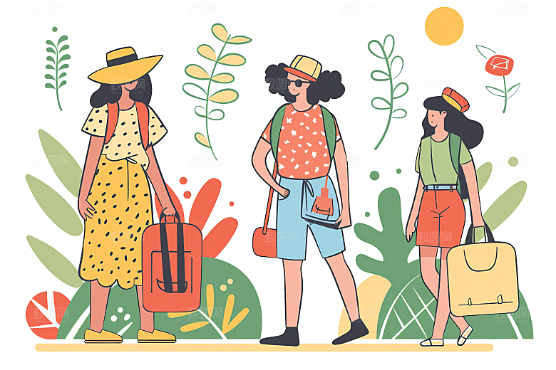 扁平风旅游自由行清新插画