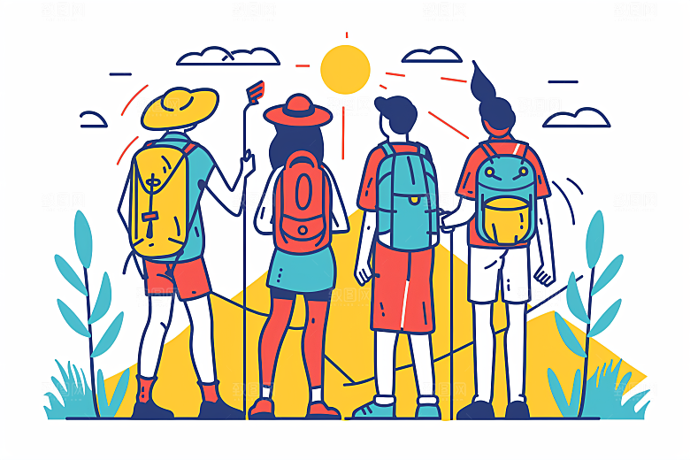 扁平风旅游氛围感彩色插画