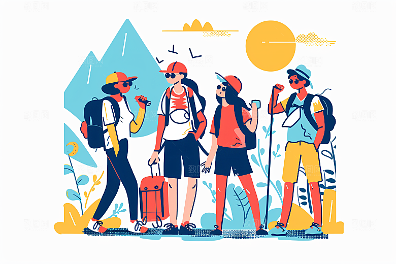 扁平风旅游氛围感徒步插画