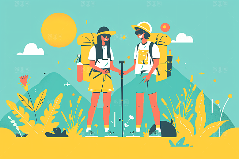 扁平风旅游户外山野插画