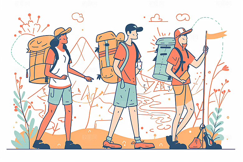 扁平风旅游户外自由行插画