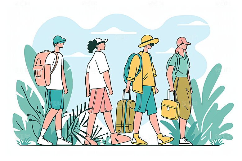 扁平风旅游露营踏青插画