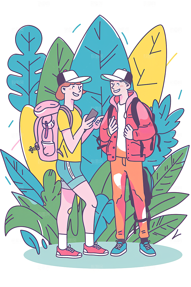 扁平风旅游徒步山野插画